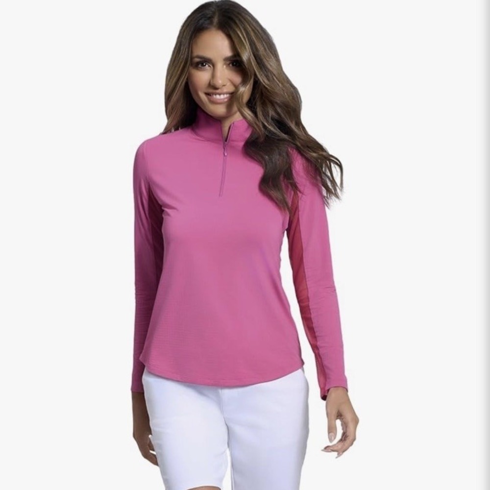 IBKUL Shirt Womens Pink 1/4 Zip Mock Neck Golf-Tennis Stretch Pullover Size L